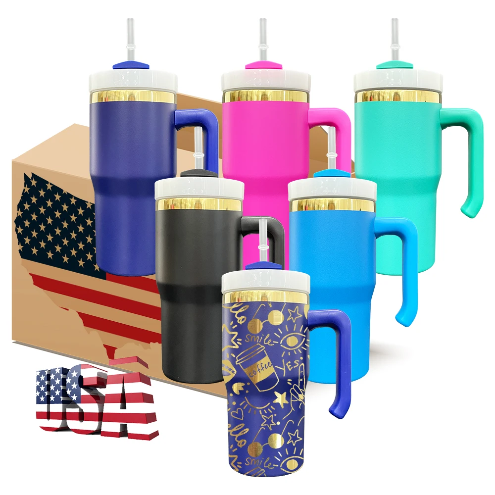 USA Stainless Steel Powder Coated Outdoor Sports Water Bottle Double Wall Insulated Gold Plated Kids 20oz Tumbler with Handle