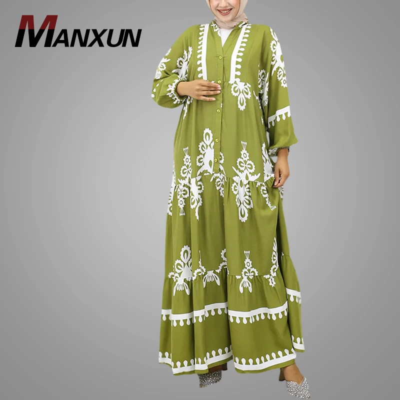 Latest Wholesale Islamic Clothing Most Beautiful Long Sleeve Elegant Muslim Abaya Dresses Fashion Print Modest Dress