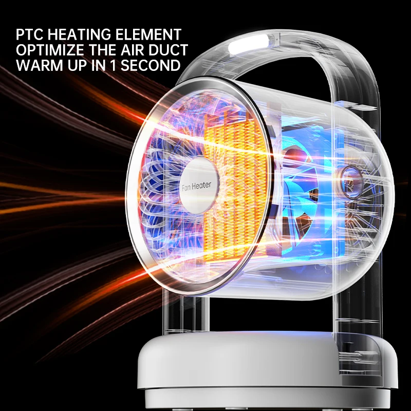 QIATAILI 1500W Desk Use Mini PTC Heating 3S Fast Warm Winter Electric Heaters Fan with Speaker Auto Shaking