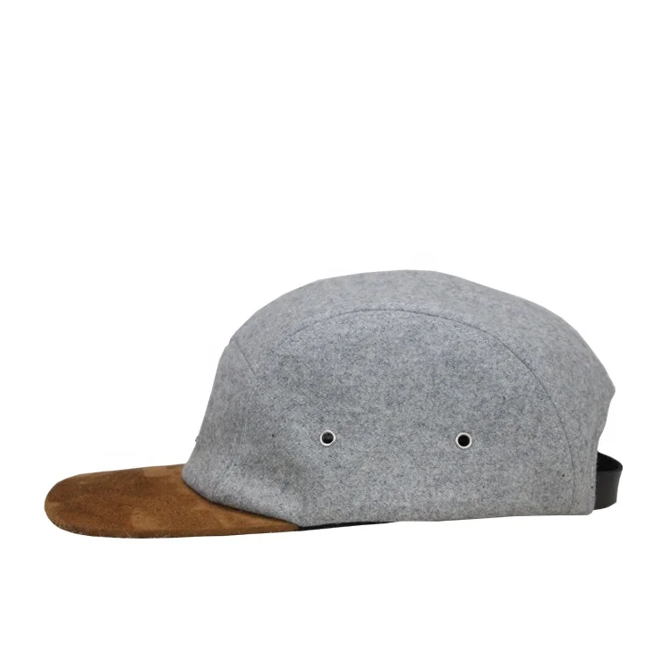 Custom plain melton wool leather strap 5 panel hat cap with logo embroidery