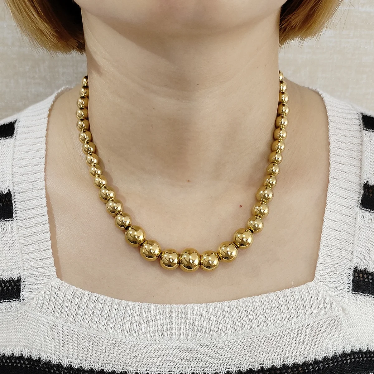 Minimalist PVD 18K Gold Plated Round Beads Necklace For Women Water Proof Tarnish Free Stainless Steel Hypoallergenic Jewelry