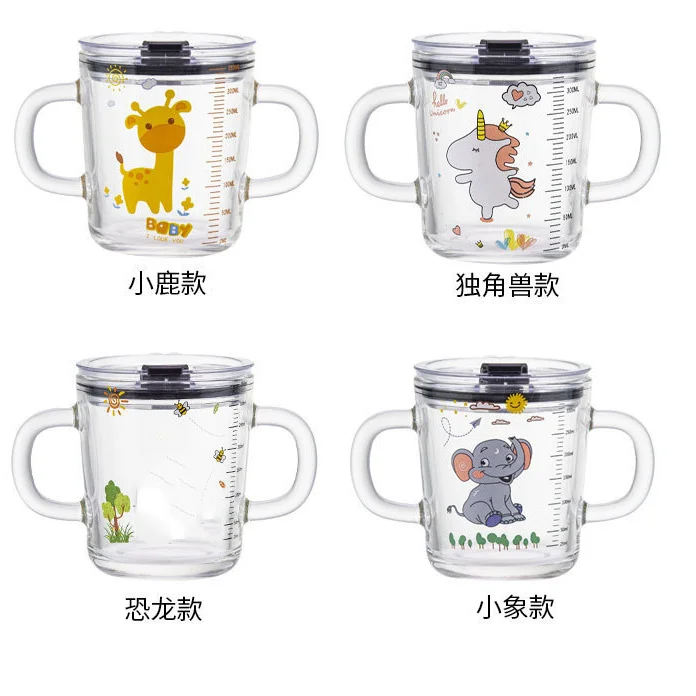 Wholesale cartoon glass straw cup children cute milk cup summer drink cup with straw