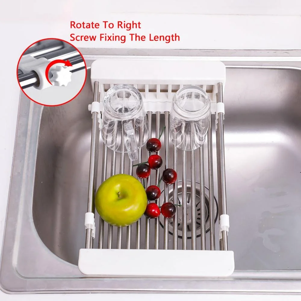 304 Stainless Steel Width Extendable Dish Bowl Storage Rack Over Sink Vegetable Wash Basket Rack Dish Drainer for Kitchen