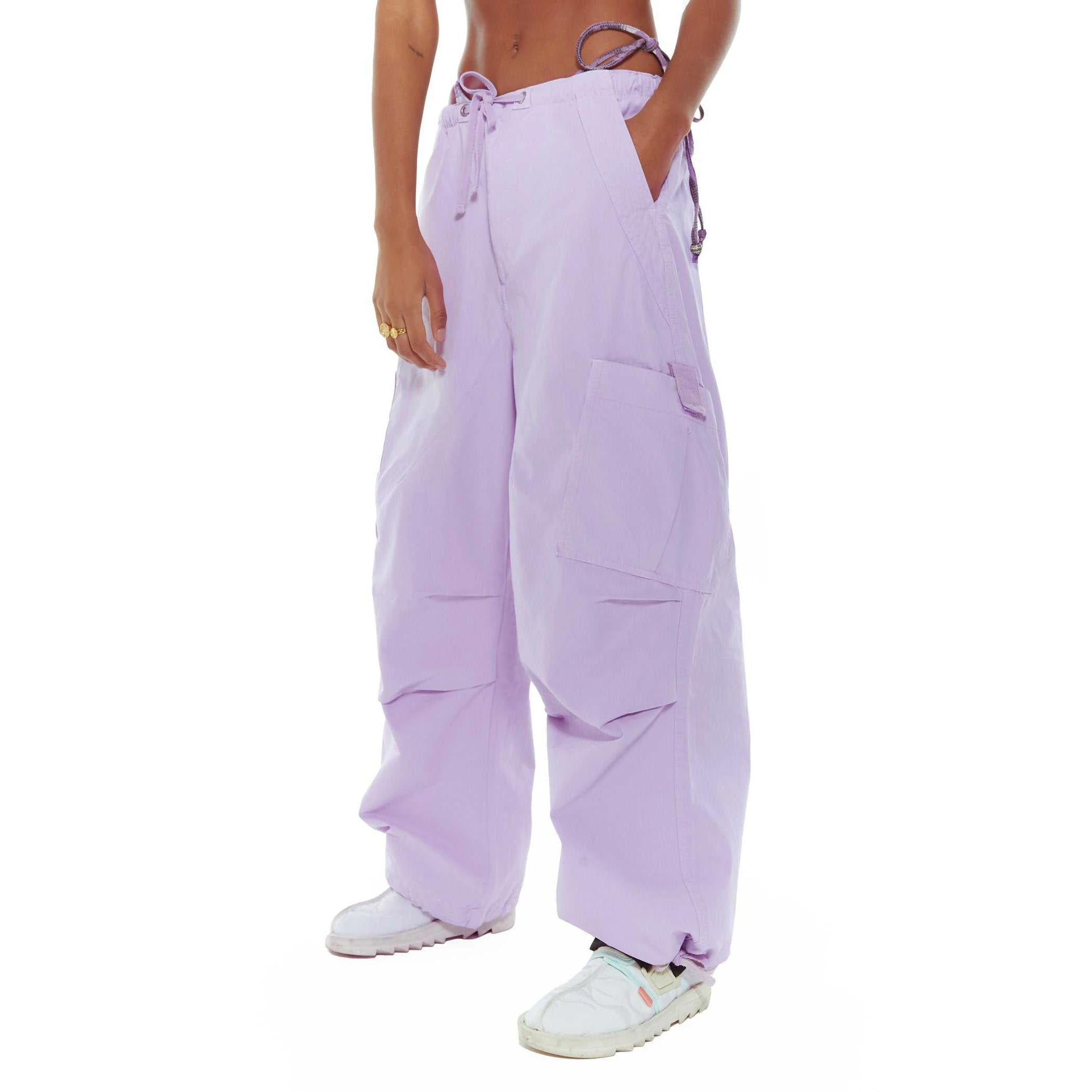 Custom Autumn Oversized Multi Pocket Style Baggy Cargo Pants Drawstring Waistband Pleated Knee Purple Woman Parachute Pants