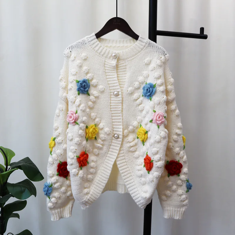 Autumn Winter New Handmade Hooked Flower Knitted Cardigan Sweater Coat Women Design 3d Ball Flower Embroidery Cardigan