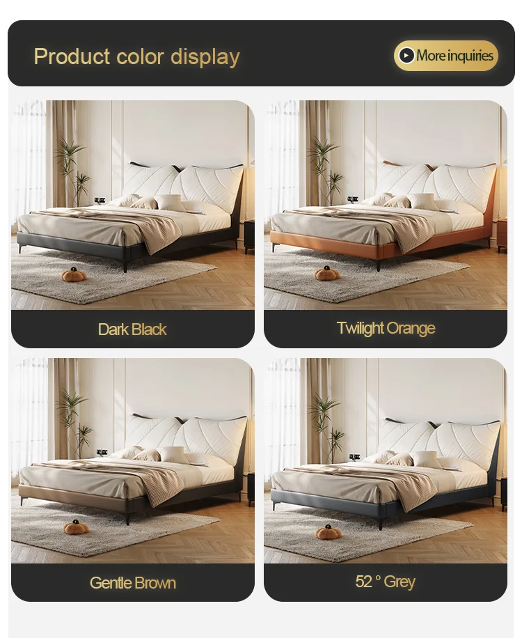 Italian minimalist luxury leather bed frame headboard cowhide bed room set storage puff soft bag leather bed frame king