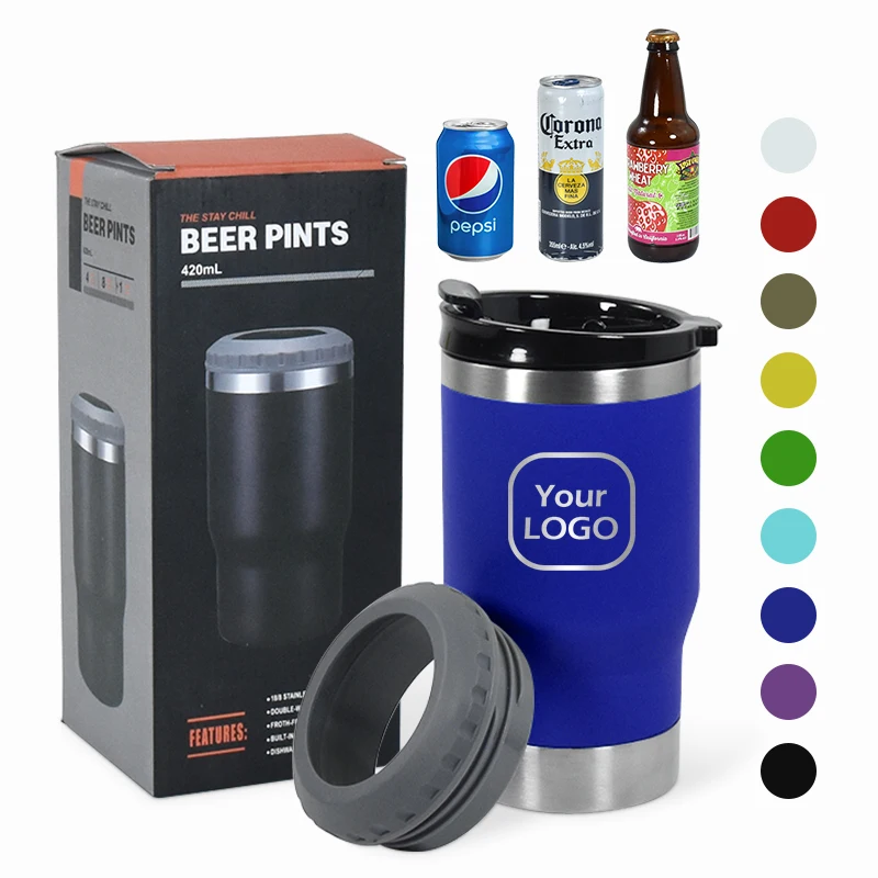 Custom Logo Dual Lids Cooling Tumbler Regular 14oz Bottle Cooler Refrigerator Beer Can Cooler Holder Stainless Steel with Opener