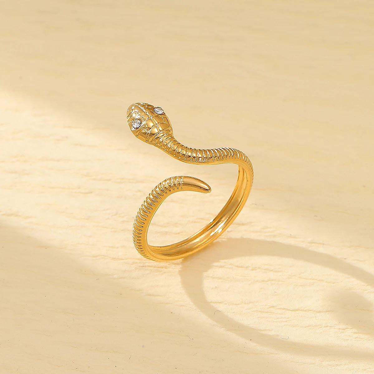 Personality Serpentine Snake Ring 18K PVD Gold Plated Stainless Steel Snake Eye Zircon Adjustable Open Ring Women Jewelry