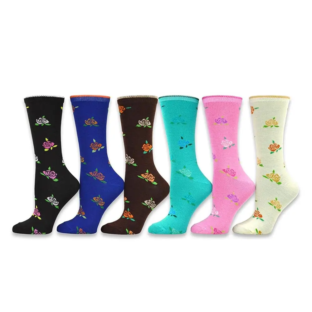 Low Price Cotton Crew Socks Floral Striped Pattern Printing Ladies Women Socks