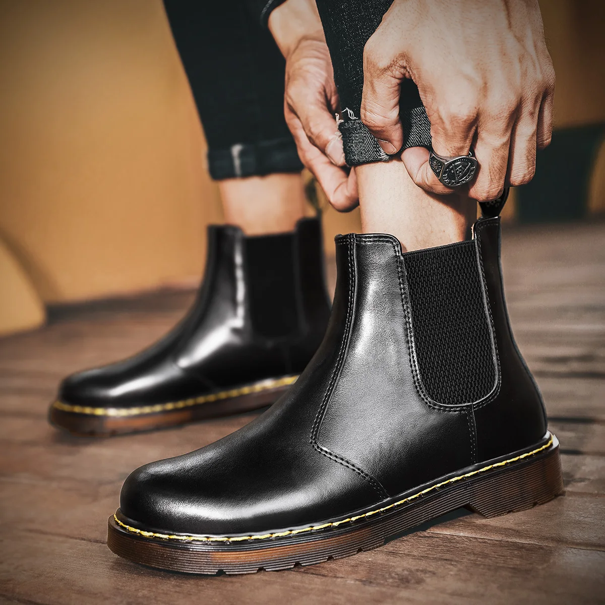 Оптовая продажа, мужские высокие ботинки челси в британском стиле, черные ботинки из натуральной кожи