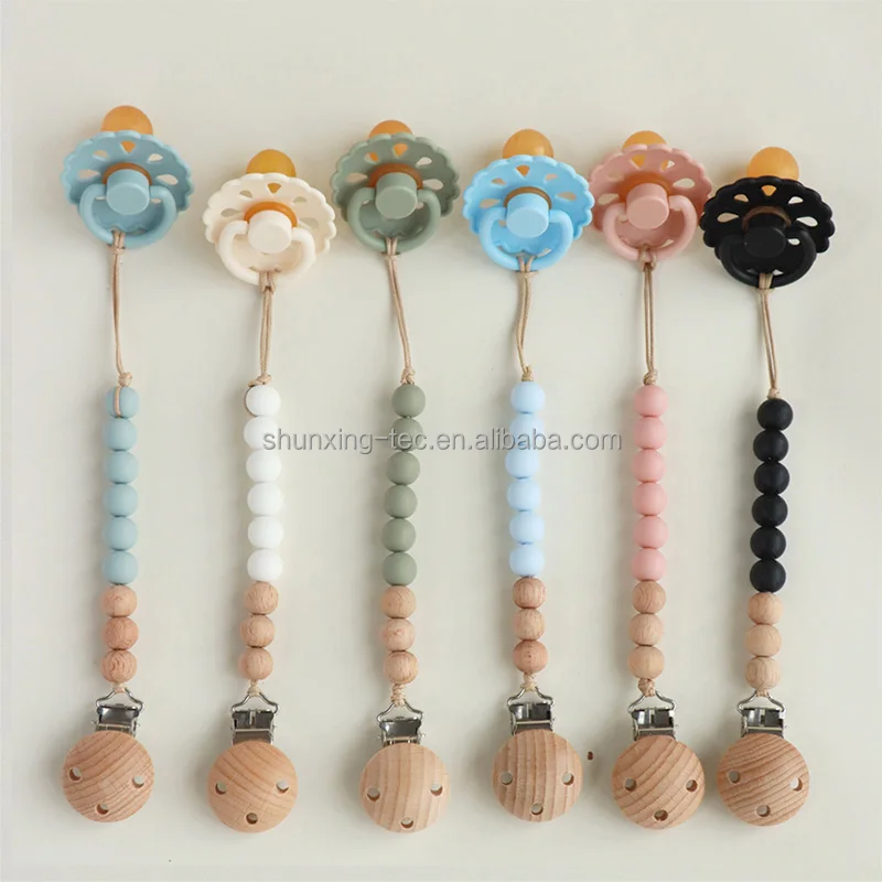 Popular Design BPA Free Newborn Silicone Teether Lovely Beech Wood Silicone Beads Pacifier Chain Baby Silicone Beech Wood Clip