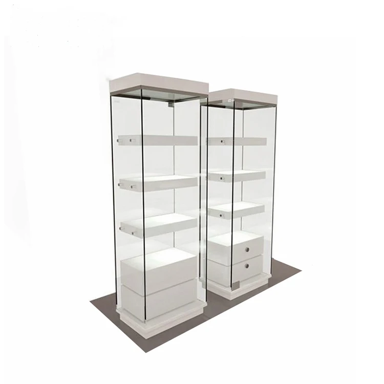 Silver jewelry shop wood glass tower display showcase lighted tower display case