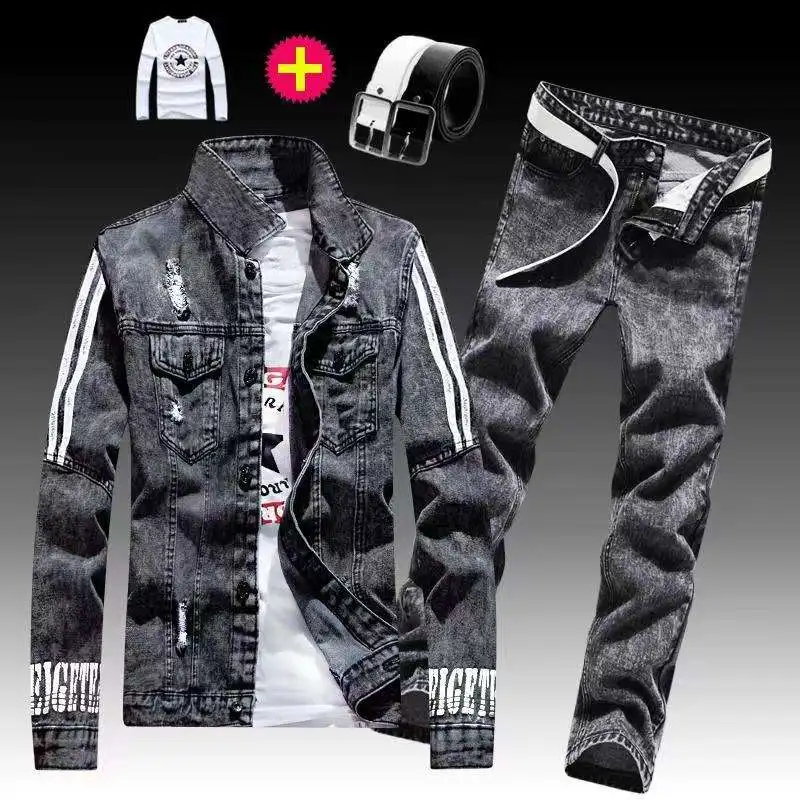 Hot sale Factory direct sales youth motorcycle boy denim jacket with long pants Korean version of the trendy handsome jacket set