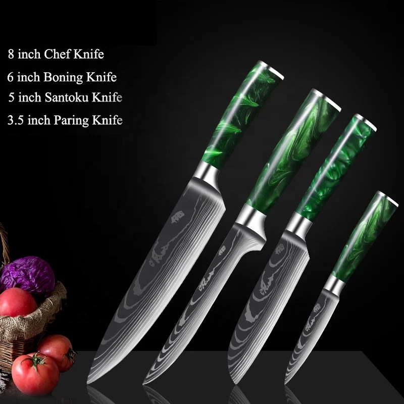 Exquisite Green  resin handle Laser Damascus pattern Chef knife Santoku Cleaver Slicing Knives Set