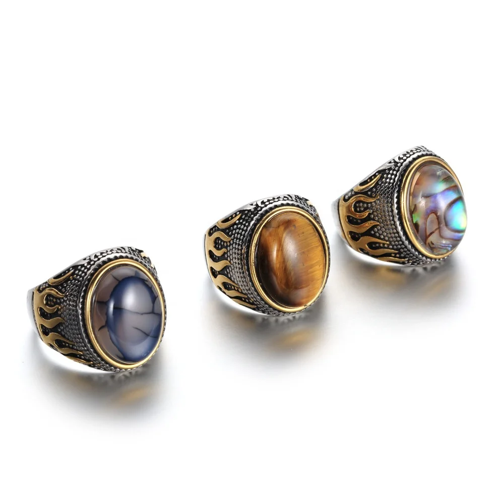 Fine jewelry natural gemstones purple shell tiger eye stone inlay fire stainless steel ring men jewelry wholesale
