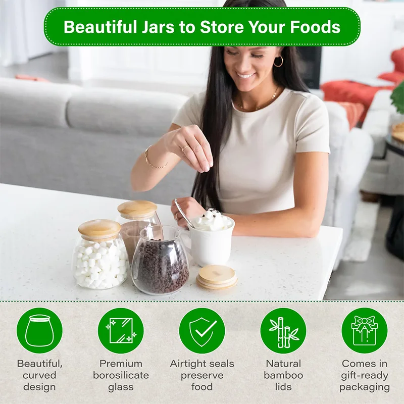 NISEVEN 3pcs/Set 29 Ounce Borosilicate Glass Canisters Moistureproof Food Storage Containers Round Glass Jars With Bamboo Lids