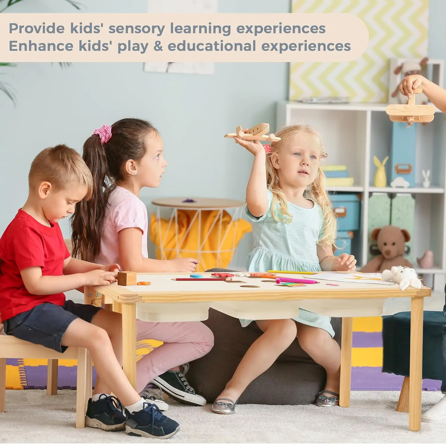 Sensory Table with 3 Foldable Storage Bins, Multifunction Wooden Sand and Water Table with  Board