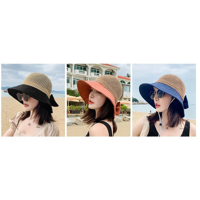 Fashion Hollow Sun Visor Hat Women Summer Crochet Straw Hat Beach Travel Floppy Bowknot Cap Folding Wide Brim Mesh Straw Hat