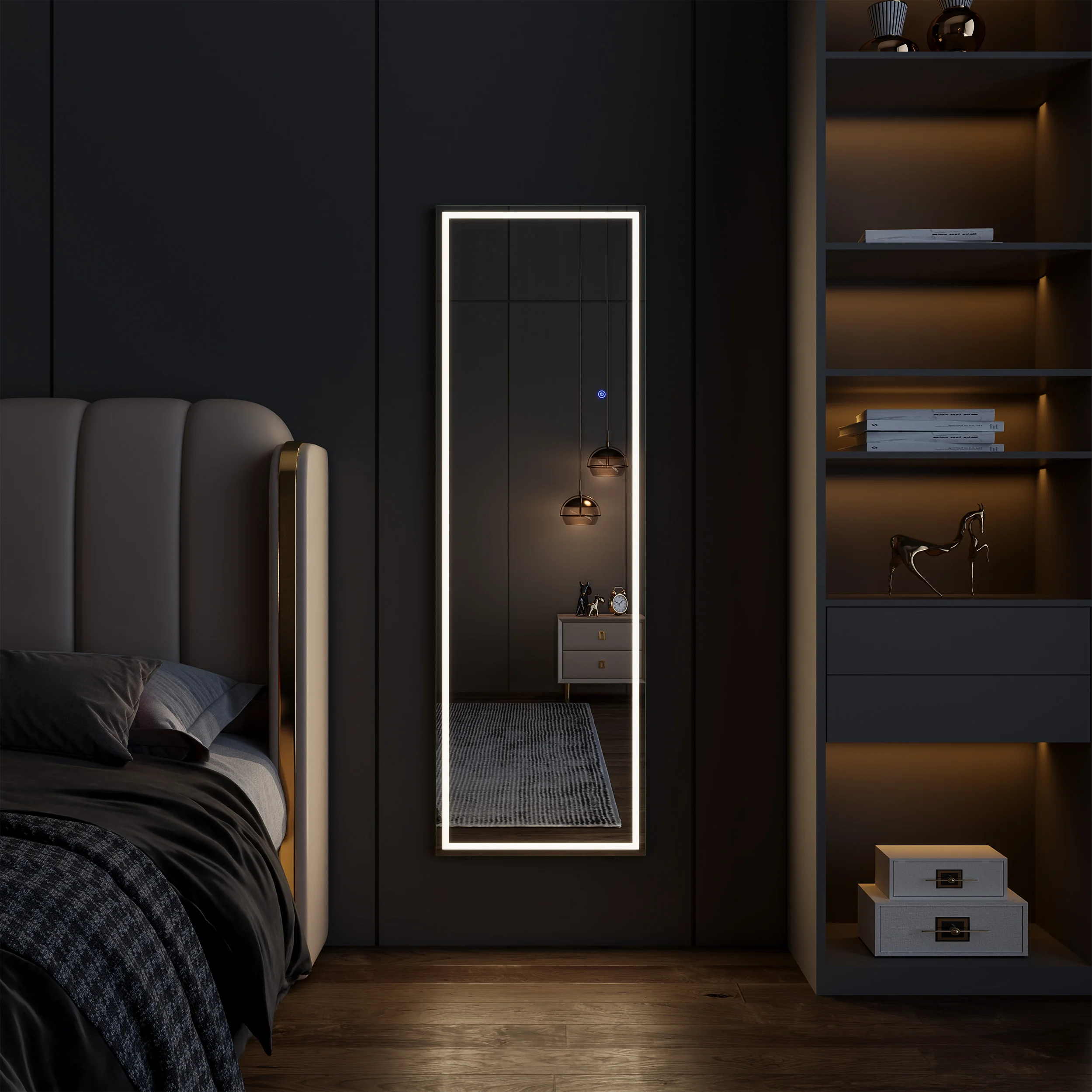 Wall Mounted Smart Touch Large Size Salon Stand Up Body Led Floor Long Dressing With Light 3 Colors Dimming Full Length Mirror