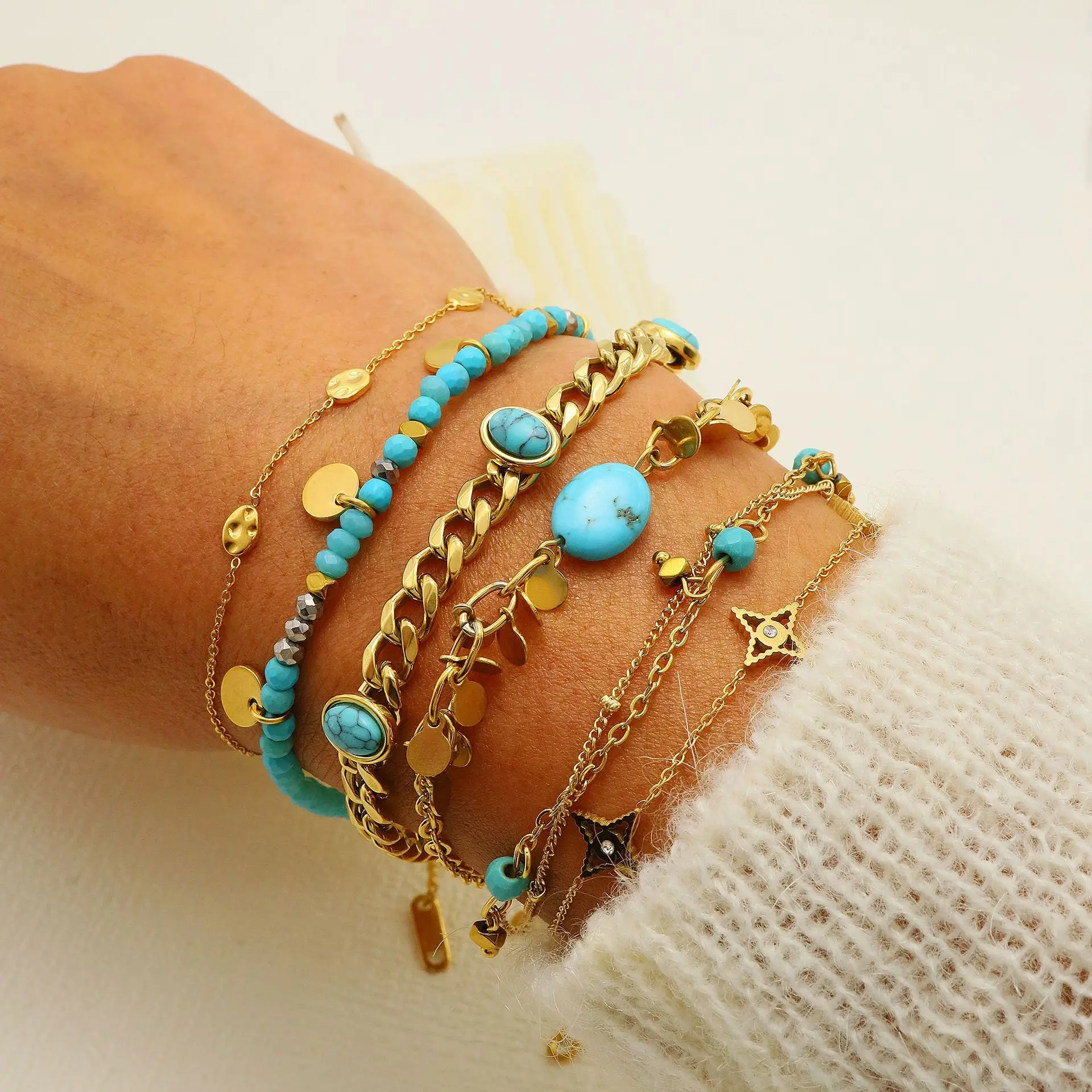 Stainless Steel Natural Stone Charm Bracelets Turquoise Pendant non fading 18 K gold versatile folding bracelet for women