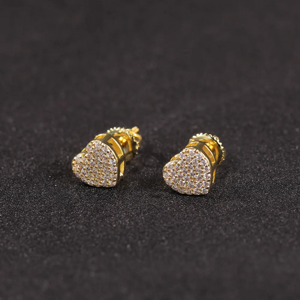 2021 New Hip Hop Jewelry Heart Stud Earrings Iced Out Cz Cubic Zirconia 925 Sterling Silver
