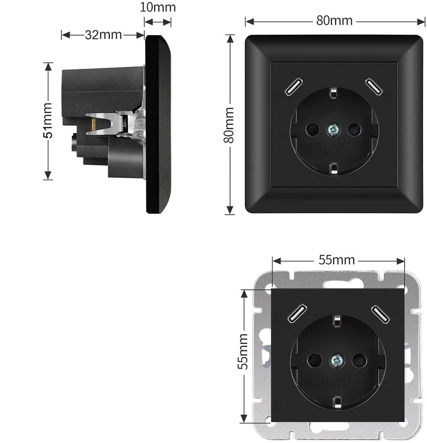 Wholesale OEM System 55 German Socket PD 18W Quick Charge Flush-Mounted Dual Type-C/USB-C Schuko USB Wall Socket
