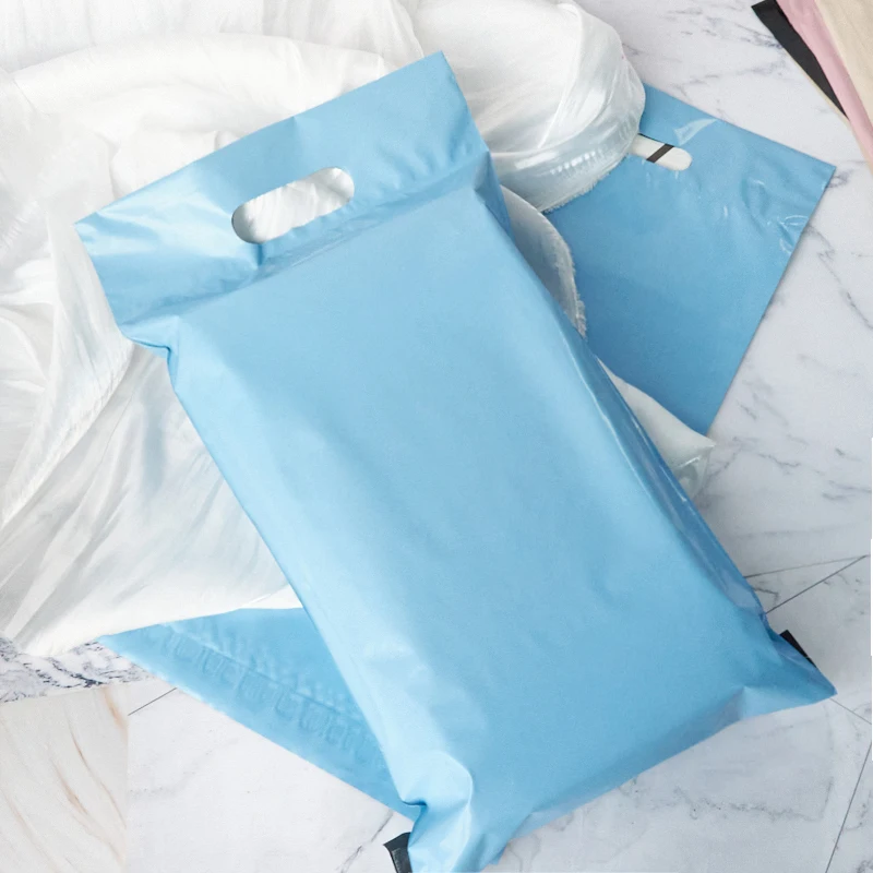 oem odm blue polythene mailing plastic mailer envelope shipping postage packaging bag with handle for clothing shipping