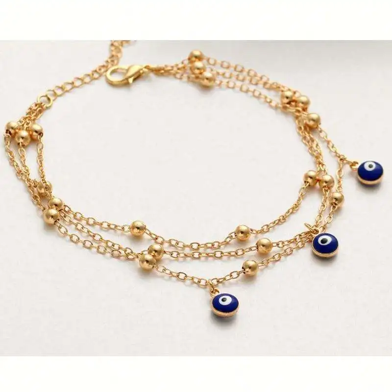 Multi Layered Beads Chain Blue Evil Eyes Pendant Ankle Bracelet Summer Beach Foot Jewelry Satellite Chain Devil Eyes Anklets