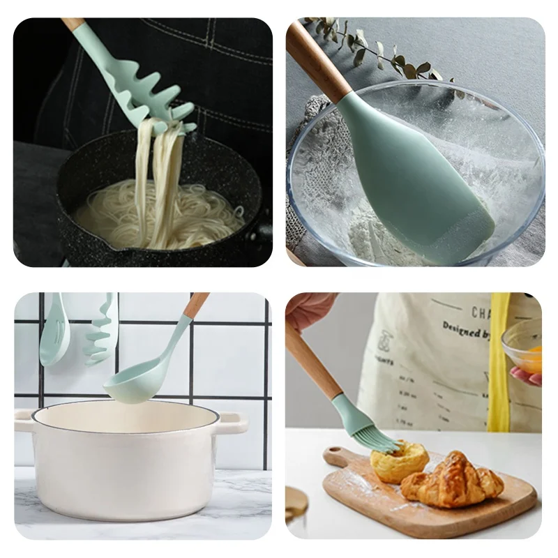 Wholesale 12 Pieces In 1 Set Kitchen Accessories Cooking Tools Kitchenware Silicone Kitchen Utensils With Wooden Handles