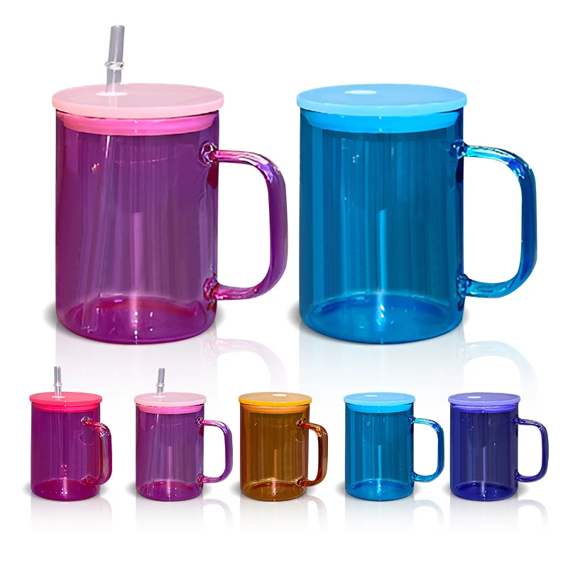AGH USA China Warehouse 15oz Colorful jelly Sublimation Glass Mug glass beer can With Handle with Colored Lids for DIY Printing