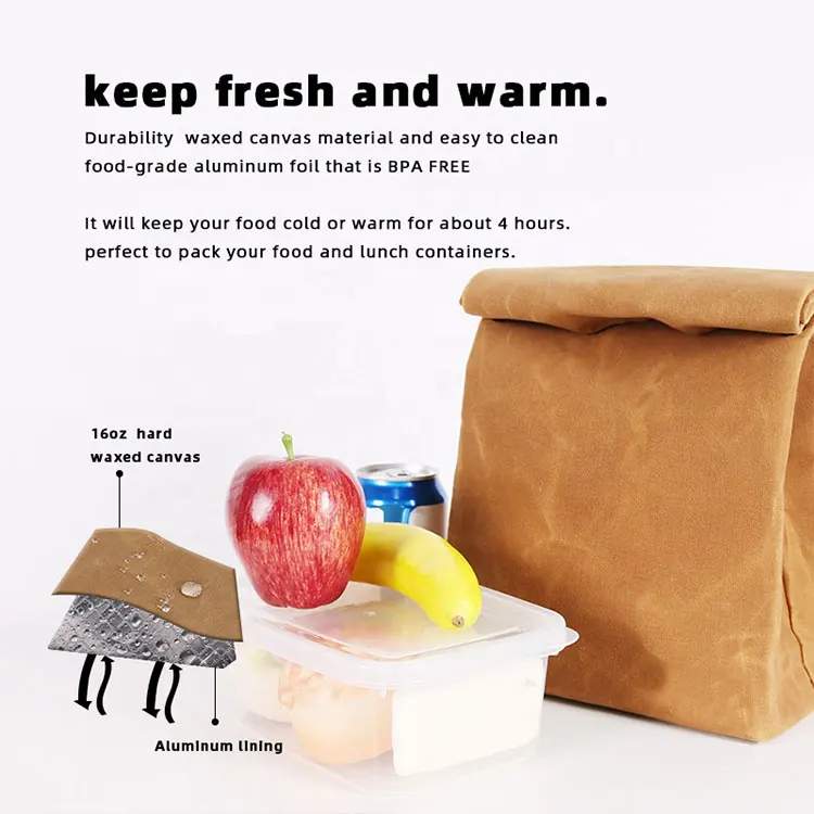 Hot Selling Adult Canvas School Lunch Bag Insulated Roll Top Kraft Custom Biodegradable Waterproof Thermal Cooler Bag for Women