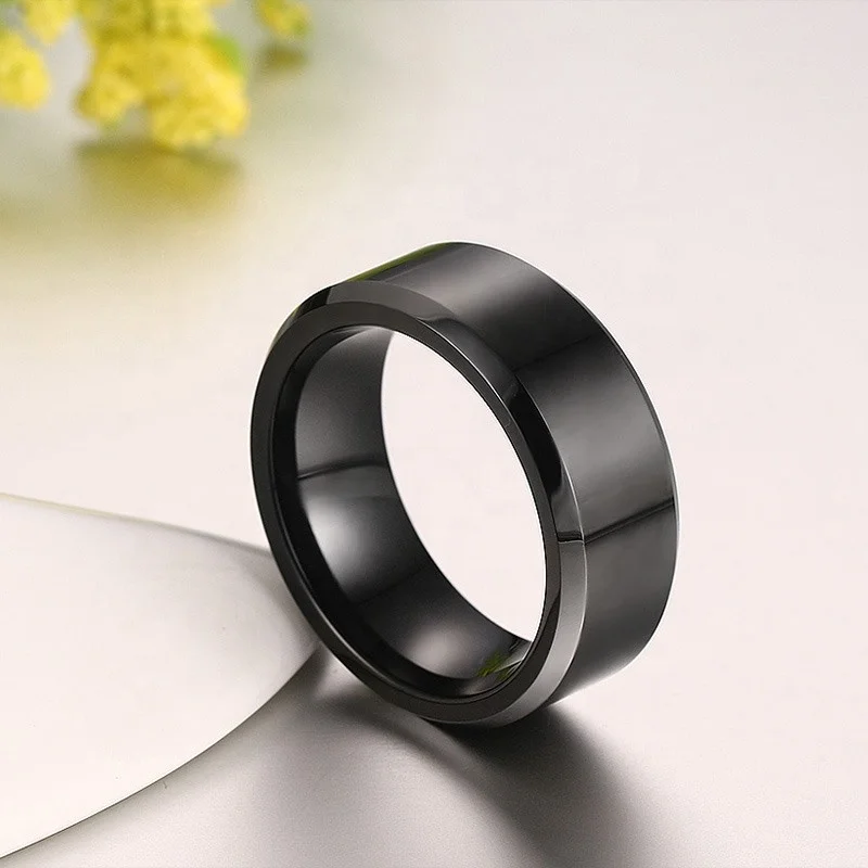 Non Tarnish Fadeless Plain Wedding Band 8mm Silver Polish Beveled Edge Black Tungsten Carbide Ring