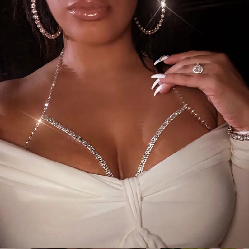 Wholesale Crystal Sexy Bra Chest Chain Shinning Rhinestone Beach Bikini Belly Chain Women Fashion Jewelry Body Chain