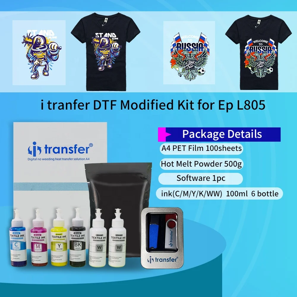 A4 DTF Kit Direct Transfer  Printer Converted Software Textiles Ink PET Film Ink Powder  PET Film T shirts  Printing Package