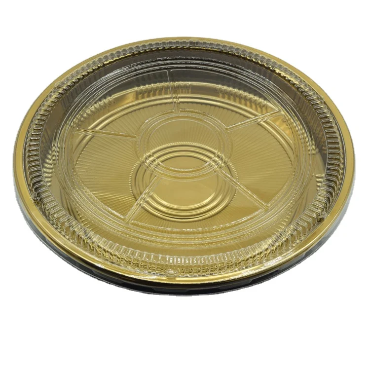 SM1-2108Golden Disposable Round Plastic Catering Packaging Platter Tray Serving Trays Blister Packaging Cake Box With Dome Lid
