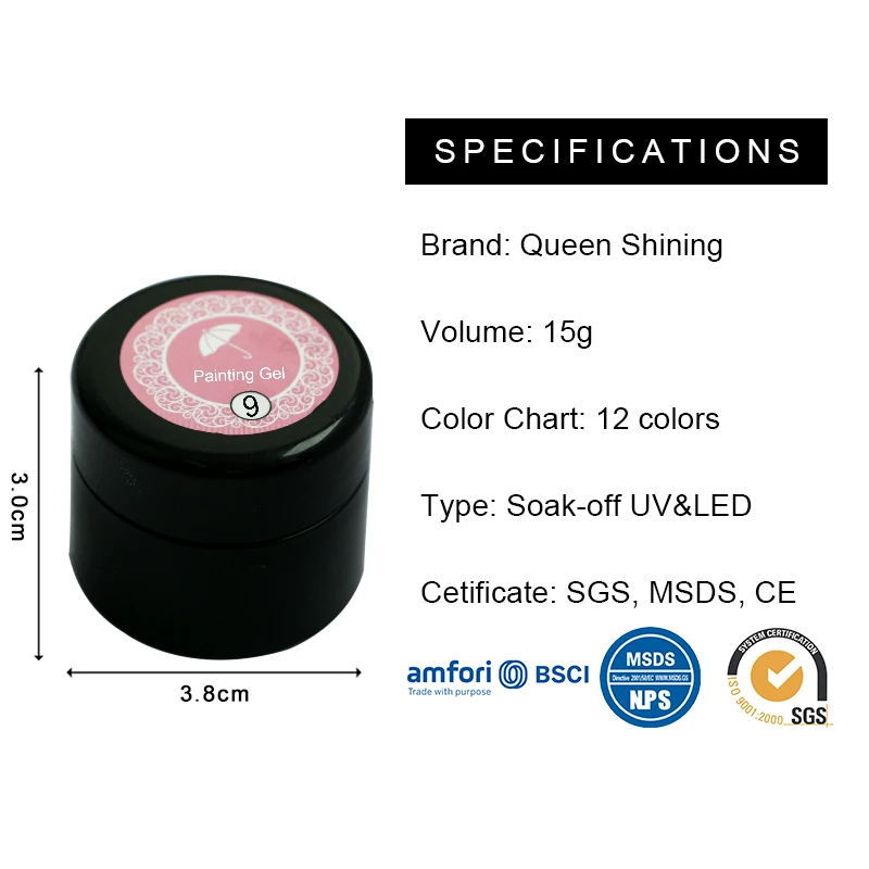 QSHY Custom Logo Private Label Wholesale Soak Off No-Wipe UV LED Nail Art 12 Color Painting Organic Resin Gel Polish