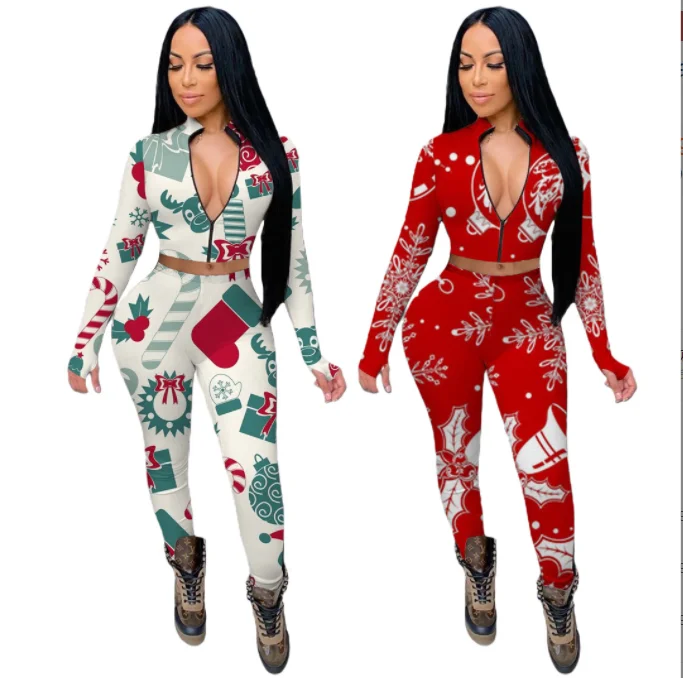 2021 autumn and winter hot sale Christmas elements printed sexy slim two-piece suit