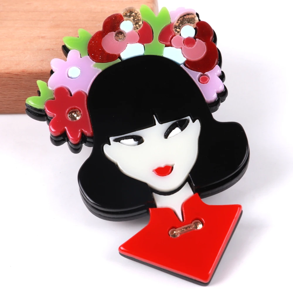 Creative Japanese geisha garland Chinese girl red cheongsam sequin acrylic brooch for women