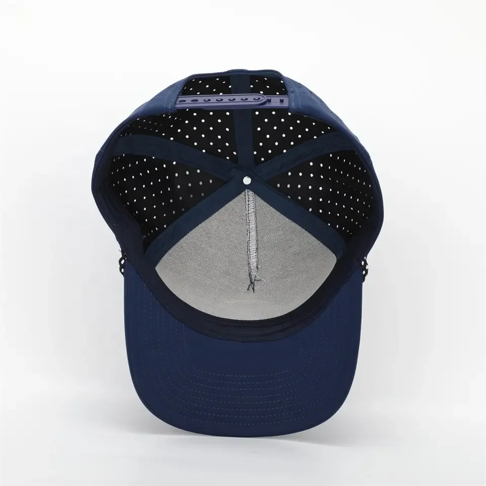 Wholesale Custom 5 Panel Rubber Pvc Logo Rope Baseball Cap,Waterproof Laser Cut Hole Perforated Hat,Performance Sports Dad Hat