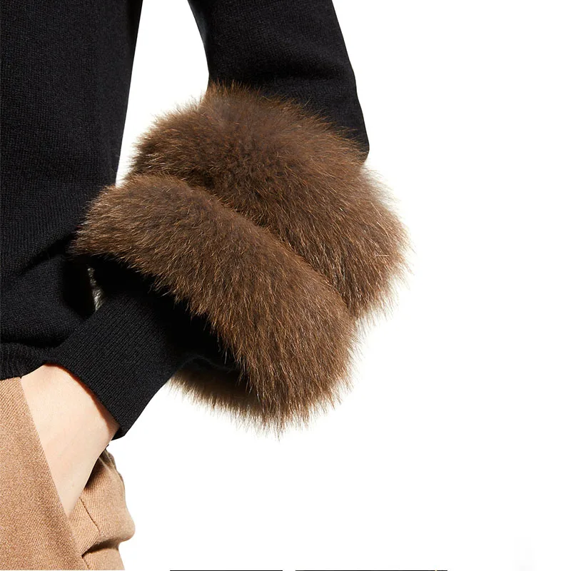 Fur-cuff cashmere crewneck sweater relaxed silhouette pullover style