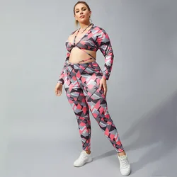 Sexy Xxl Plus Size Two-Piece Quick-Drying Printed Outdoor Sports Tights Suit Gym Seamless Camo Long Sleeve Yoga Clothing Sets