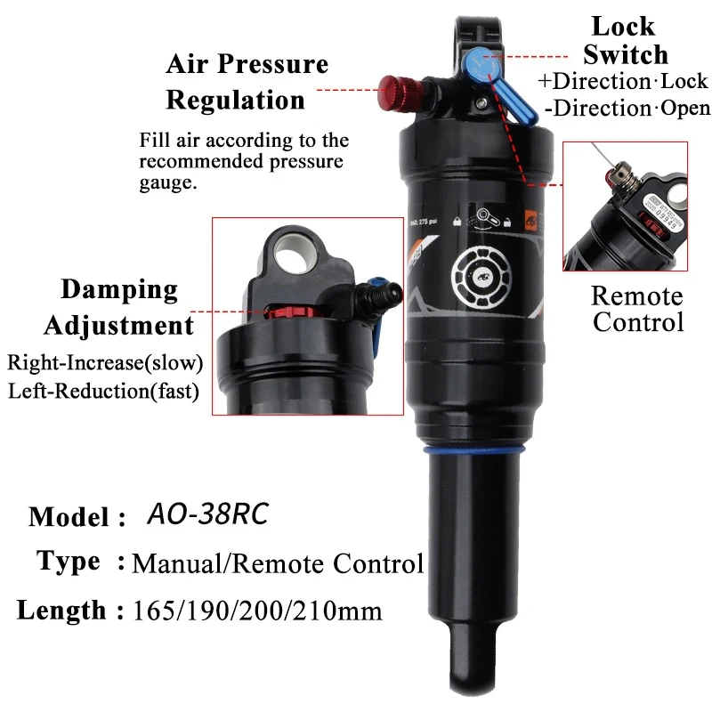 OEM/ODM DNM Bicycle Air Shock Absorber AO38RC 165/190/200/210mm Mountain Bike Manual/Remote Lockout Bike Rear Shock Absorber