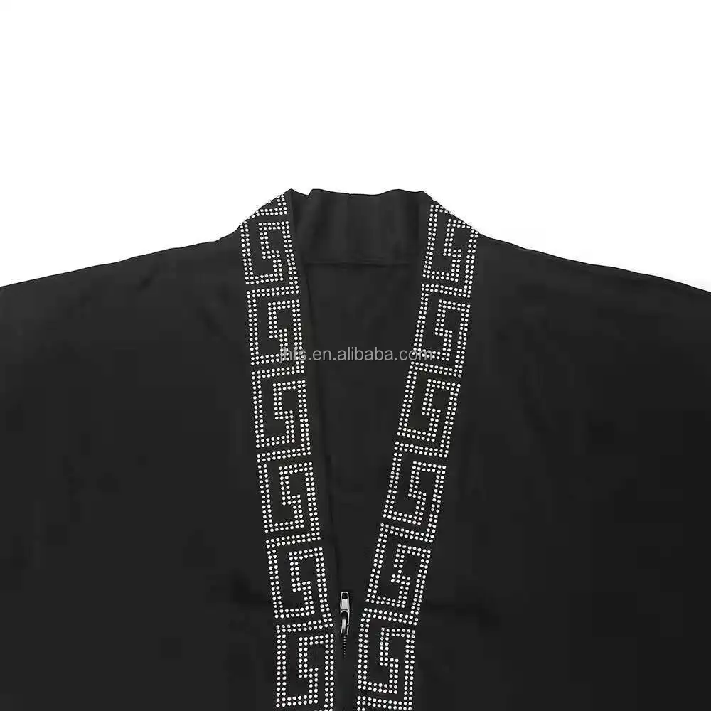 J&H 2022 luxury rhinestone diamond abaya with under dress chiffon 2 piece set Islamic clothing kaftan style muslim dress