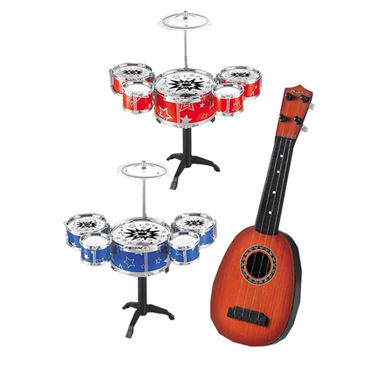 Kids percussion instrument toy plastic simulation electroplate jazz drum set with guitar