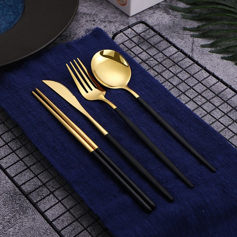 Aliexpress Hot Sale 16 Pcs Black Gold Cutlery Chopsticks Knife Fork Spoon Stainless Steel Korean Luxury Flatware Set