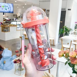 500ml Mini Creative Animal Printed Outdoor Sports Cup with Threaded Straw Student Plastic Water Cup