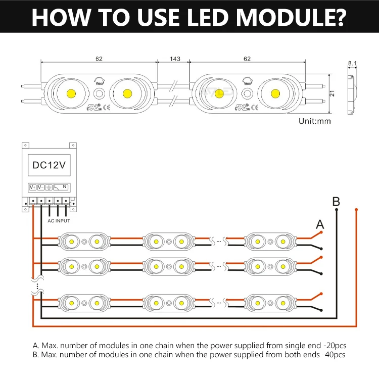 High brightness led injection modules backlight 2 led module 24V 12V outdoor led module for led sign board