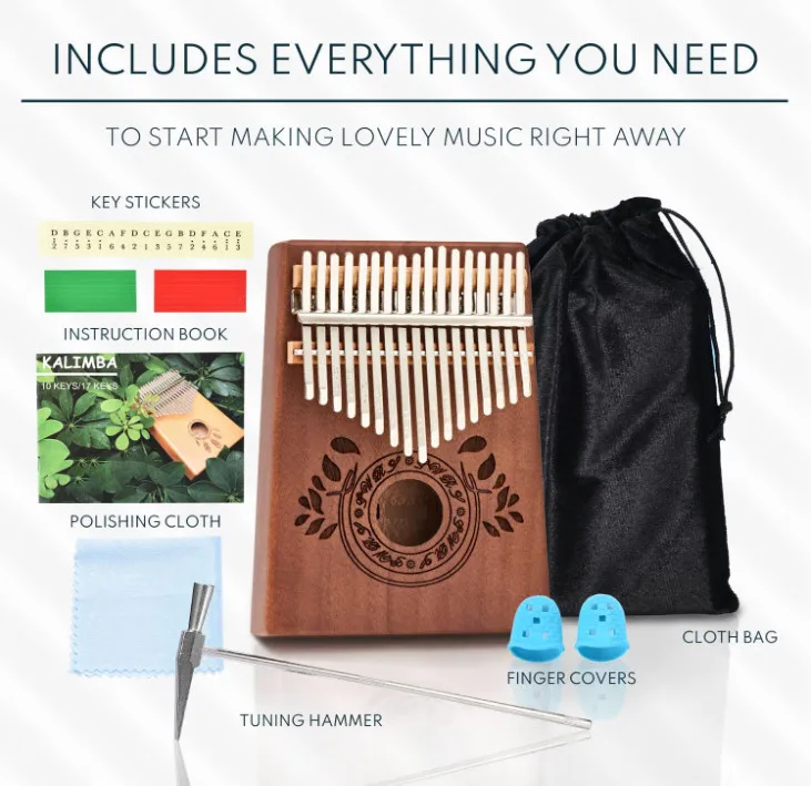Portable Chocolate Brown Kids & Adults Mahogany Mbira Finger Piano 17 Key Thumb Piano