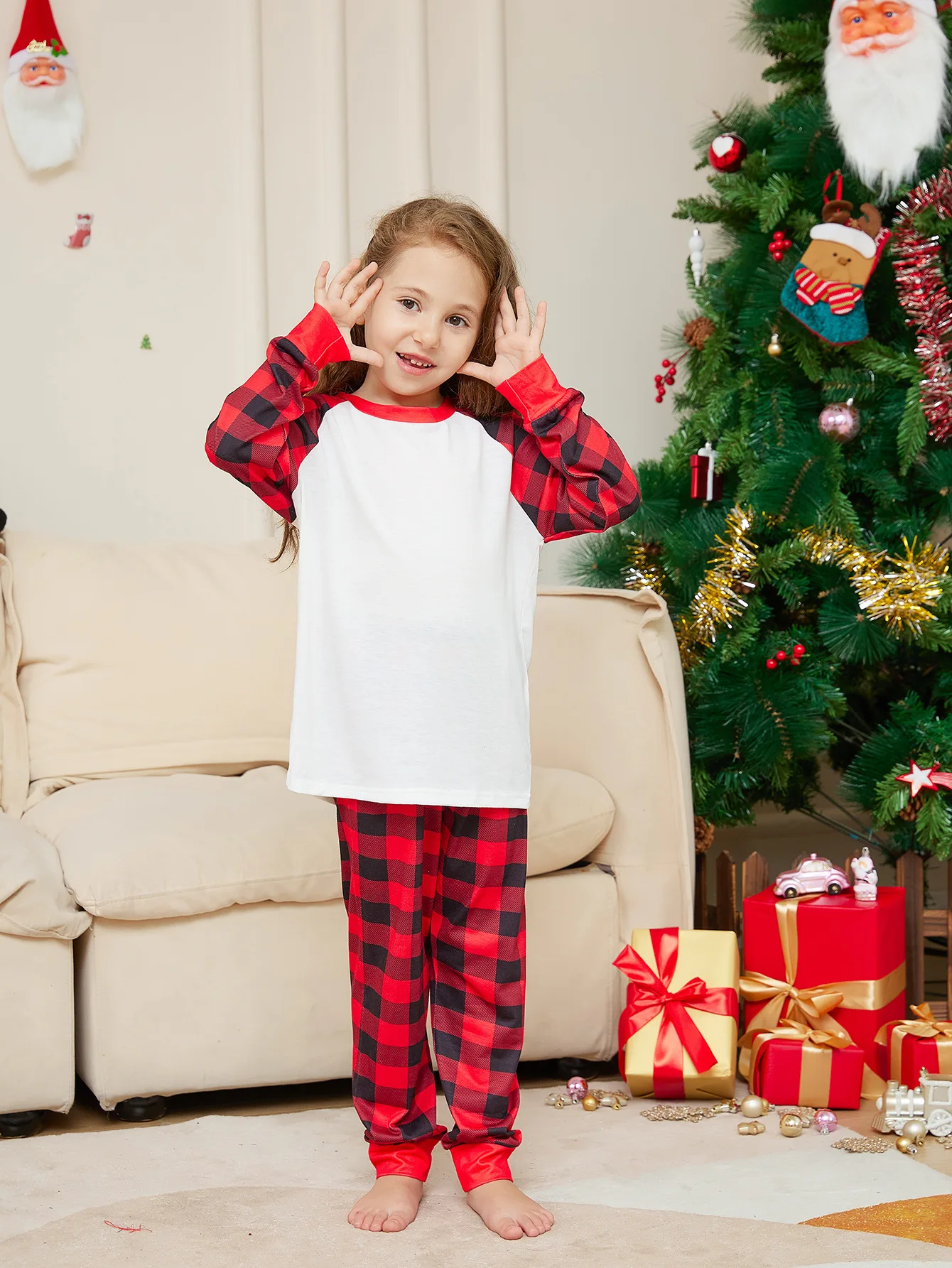 2024 XMAS pjs blank sublimation christmas pajamas 2pcs polyester long sleeve white gingham matching christmas pajamas family