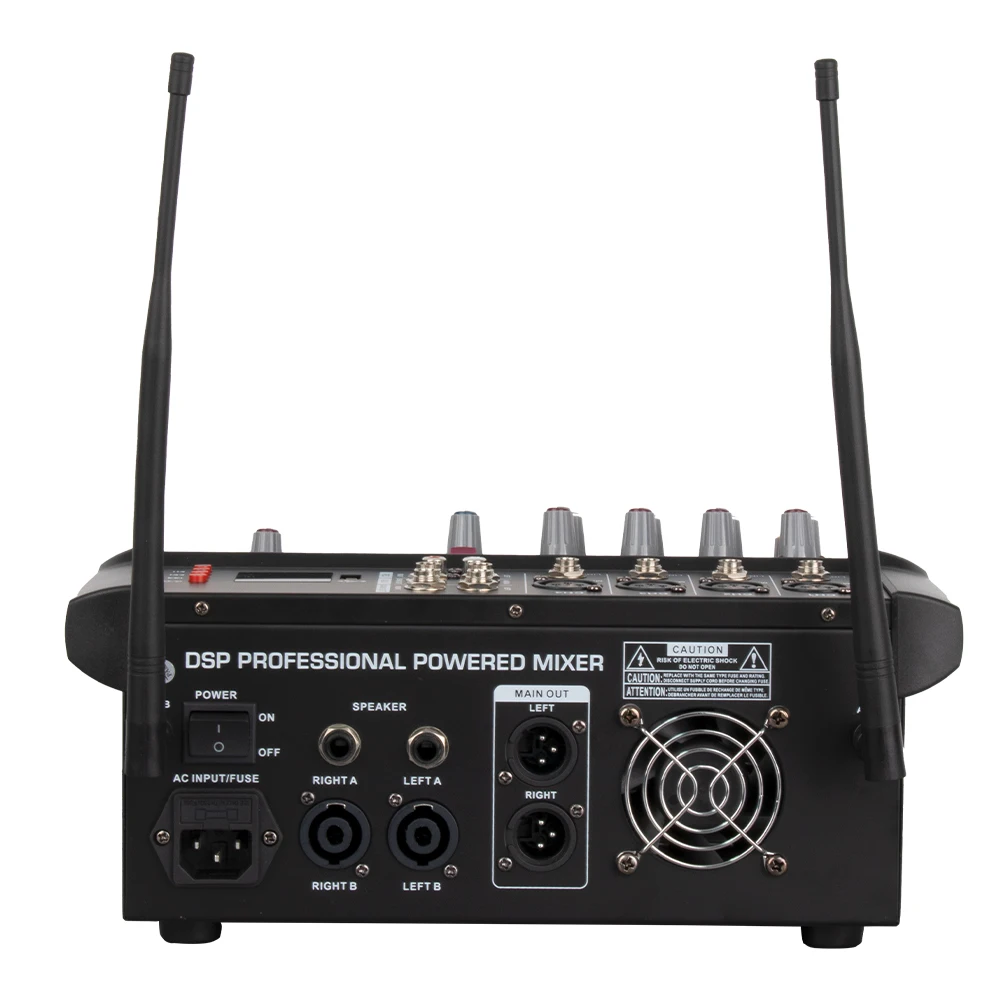 Professional build-in power amplifier 4 way audio mixer with dual wireless microphones 4 channel power powered audio mixer